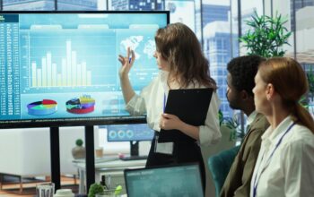 Team of company analysts reviews feedback on sales and orders to work on improvements, developing marketing and PR strategies in meeting room. Startup enterprise affiliates. Camera A.