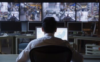 A man sits at a desk in front of multiple monitors, focused on monitoring security.