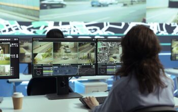 Call center employee providing shipment information via gps satellite navigation for their clients, ensuring fast delivery and order tracking service. Operator monitoring traffic for the couriers.