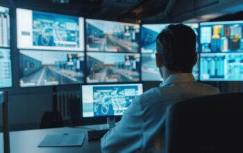A monitoring station filled with screens and a single person surveilling advanced digital systems in a high-tech environment.