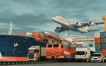 Logistics import export of containers cargo freight ship, truck transport container on highway at port cargo shipping dock yard , plane, transportation industry concept 3d render and illustration